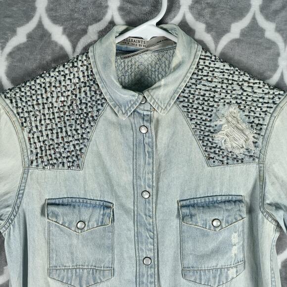AllSaints Raine Denim Shirt Womens 0 Blue Hand Embellished Distressed Beaded - Picture 9 of 14